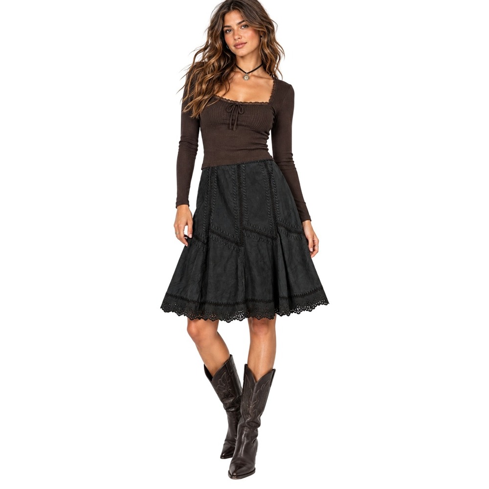 Genuine Leather Suede Whipstitch Eyelet Midi Skirt 10 Black Western Festival